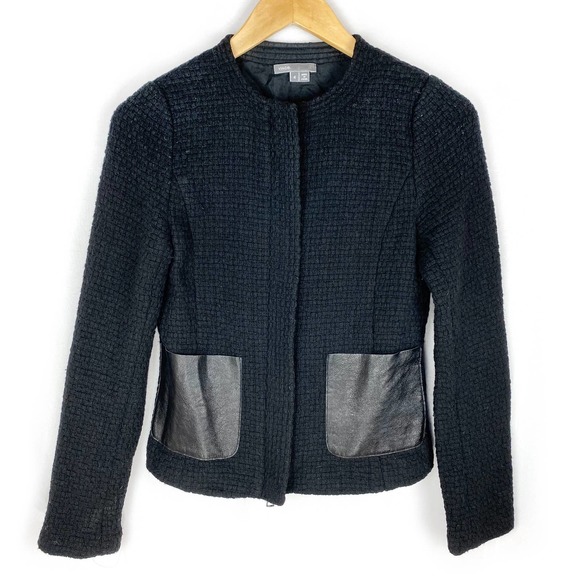 VINCE Wool Tweed Jacket Black Woven Single Breasted Leather Pocket Size 4 - Picture 1 of 9